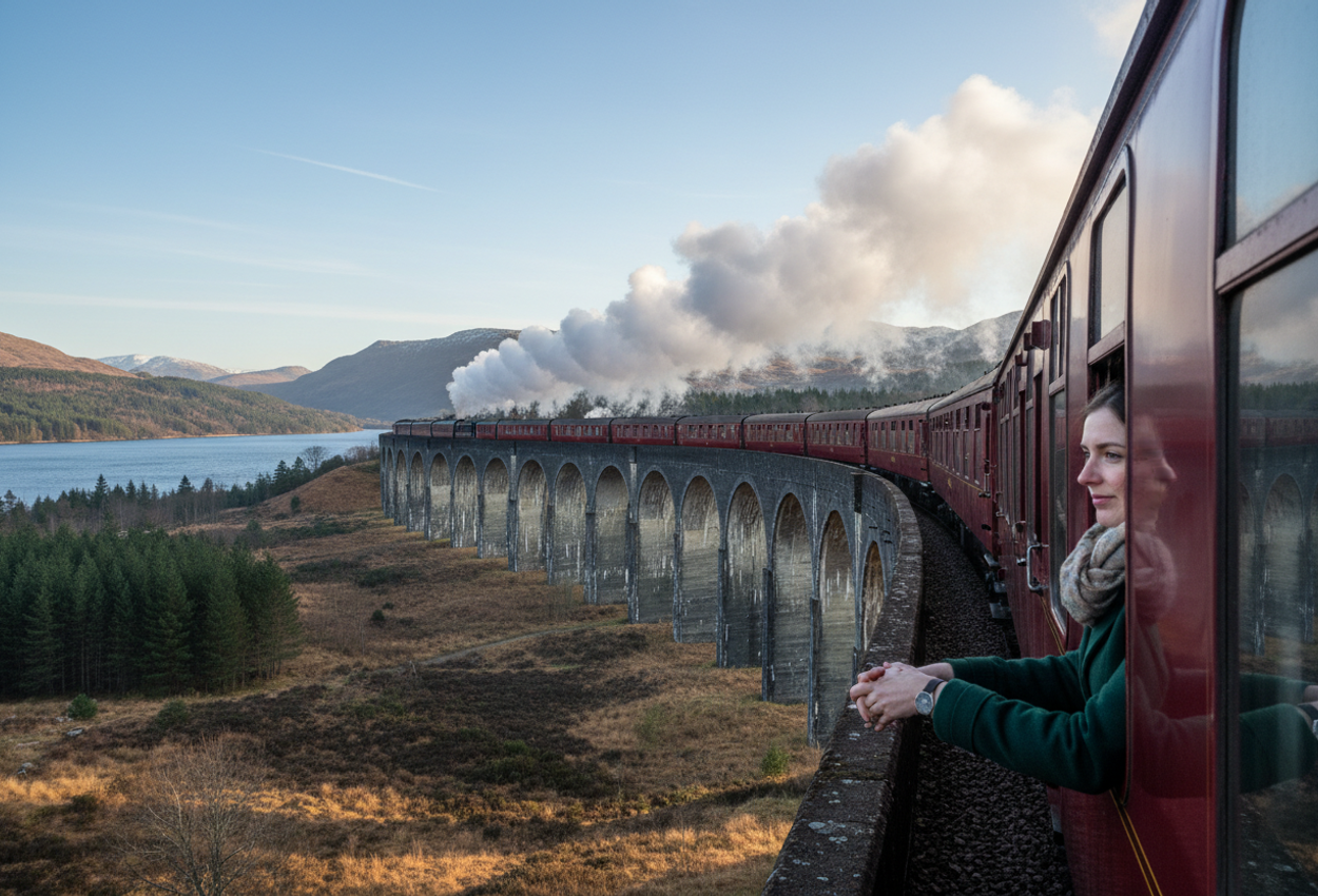 Photograph taken from inside a carriage on the Jacobite Steam Train as it curves across the Glenfinnan Viaduct in the Scottish Highlands on a clear winter day. The view looks forward along the red carriages and billowing steam toward the stone arches of the viaduct, with Loch Shiel and forested hills stretching into the distance under a pale blue sky. In the lower corner, part of a couple’s hands and arms rest on the open window frame, adding a subtle human presence without showing their faces.