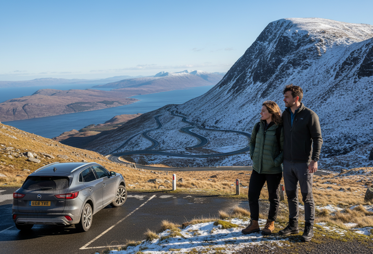 A wide-angle daytime photograph taken from a lay-by high on the Bealach na Bà mountain pass in the Scottish Highlands, showing a dark modern SUV parked beside a single-track road and a warmly dressed couple standing just beyond it. They look out over steep, rugged snow-dusted slopes and a dramatic series of hairpin bends that zigzag down toward a distant blue sea and low islands on the horizon under a clear, cold winter sky.