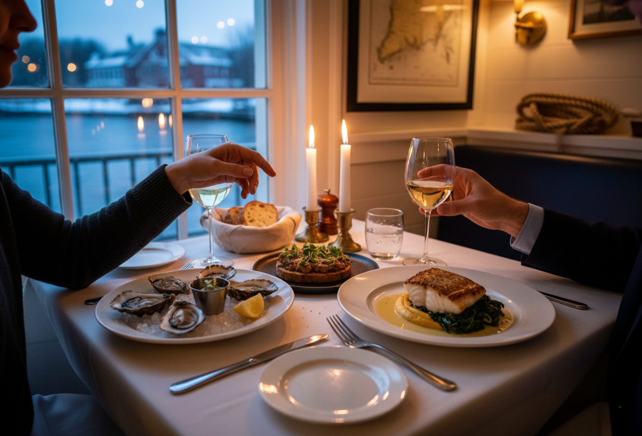 A warmly lit winter evening inside The Shipwright’s Daughter restaurant in Mystic, Connecticut, showing a small table for two near a window overlooking faint lights on the Mystic River. The focus is on beautifully plated seared fish and local oysters with bread and a shared appetizer on a white linen tablecloth. Two hands from a well-dressed couple reach toward each other across the table, partially blurred, surrounded by candles, glassware, and subtle nautical decor that create an intimate, upscale coastal dining atmosphere.