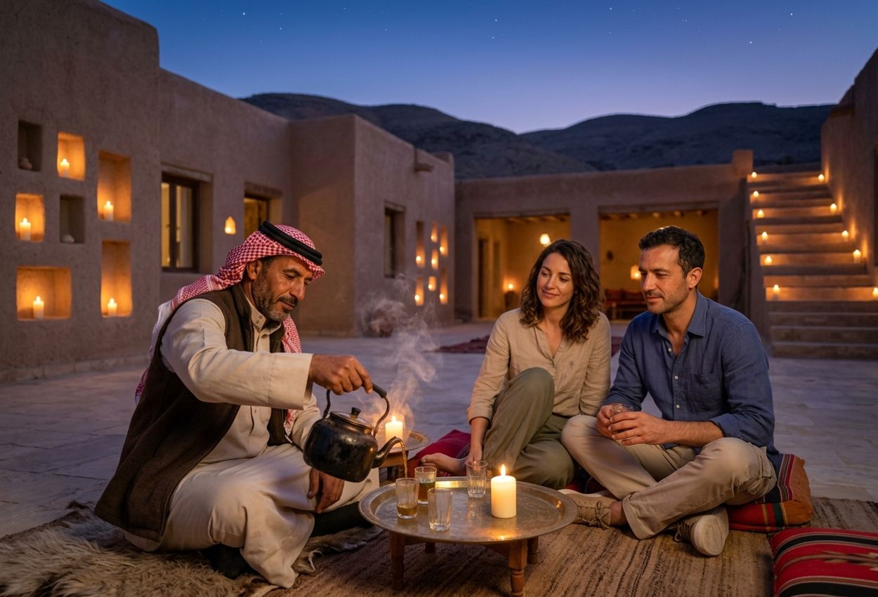 A dusk photograph in the courtyard of Feynan Ecolodge in Jordan’s Dana Biosphere Reserve shows a Bedouin man in traditional dress pouring steaming mint tea into small glasses on a low brass table, while a couple sit on floor cushions nearby. The lodge’s mud-brick walls and stairways are lined with candles that cast a warm amber glow against the cool indigo sky and shadowy desert hills, creating an intimate, environmentally sensitive desert scene.