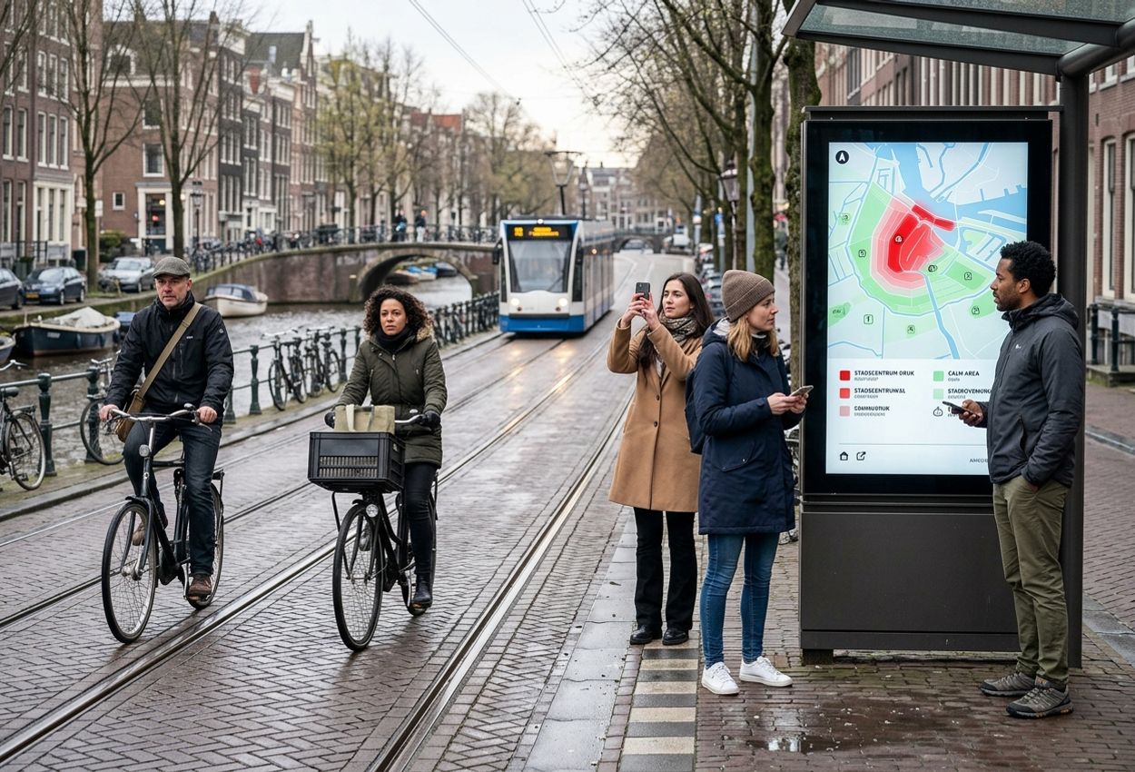 A late-afternoon street scene in Amsterdam’s canal belt shows a modern digital information screen at a tram stop displaying color-coded crowd levels, while a few well-dressed tourists check their phones and study the display. Local cyclists ride past on a damp cobblestone street beside a calm canal lined with gabled brick houses and bare trees with early buds, under soft overcast March light.