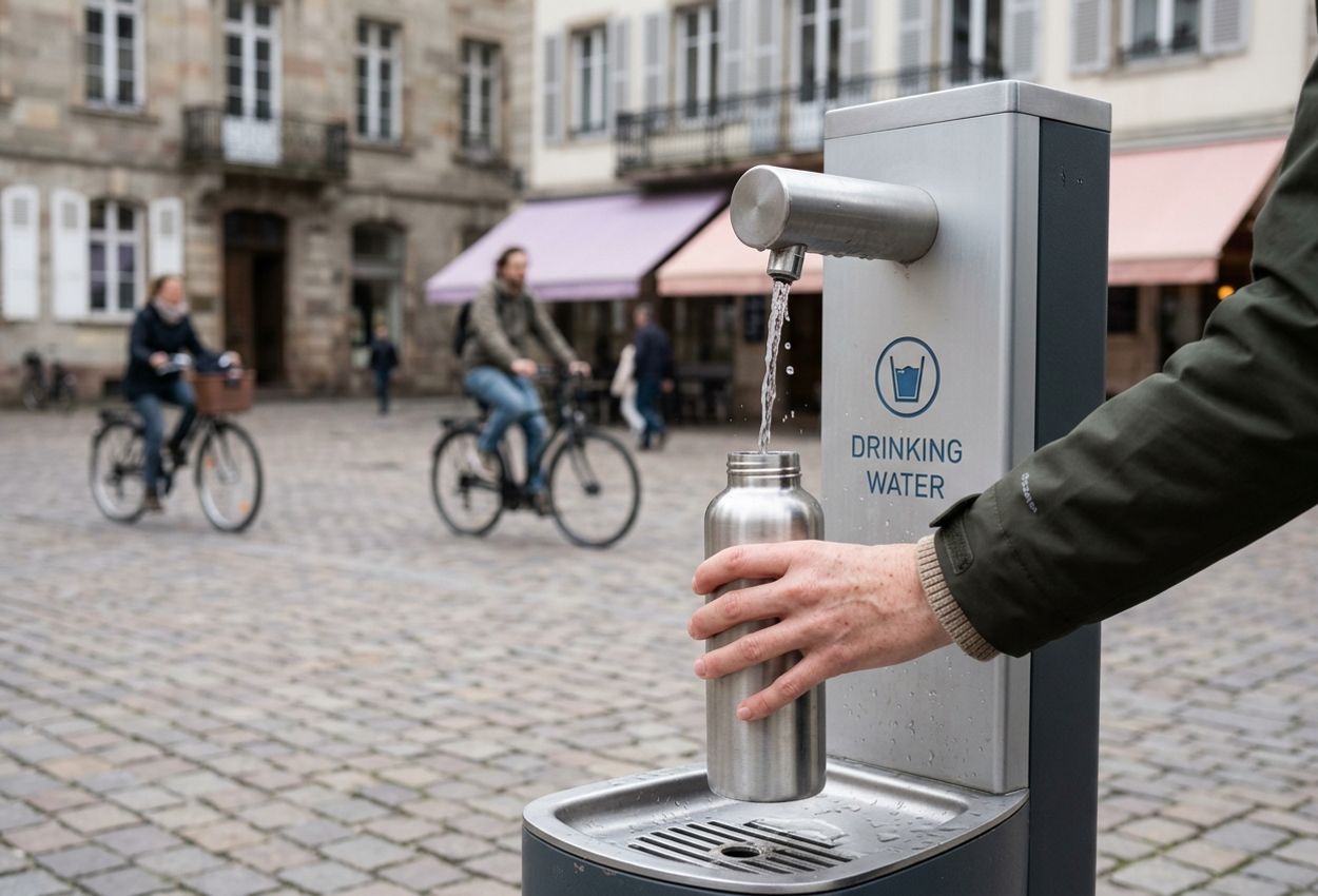 High-resolution horizontal photograph showing a close-up of an adult traveler’s hand refilling a brushed stainless-steel reusable water bottle at a modern public drinking fountain in a European cobblestone square on a mild spring day. Soft overcast daylight highlights the sharp stream of water entering the bottle neck. The traveler’s sleeve, in a dark olive jacket, frames the scene, while historic stone buildings and a few cyclists and pedestrians appear softly blurred in the background.
